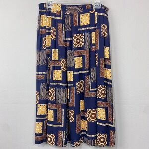Vintage Sag Harbor Midi Skirt Size L Navy Yellow‎ Boho Batik Pockets Retro Twee